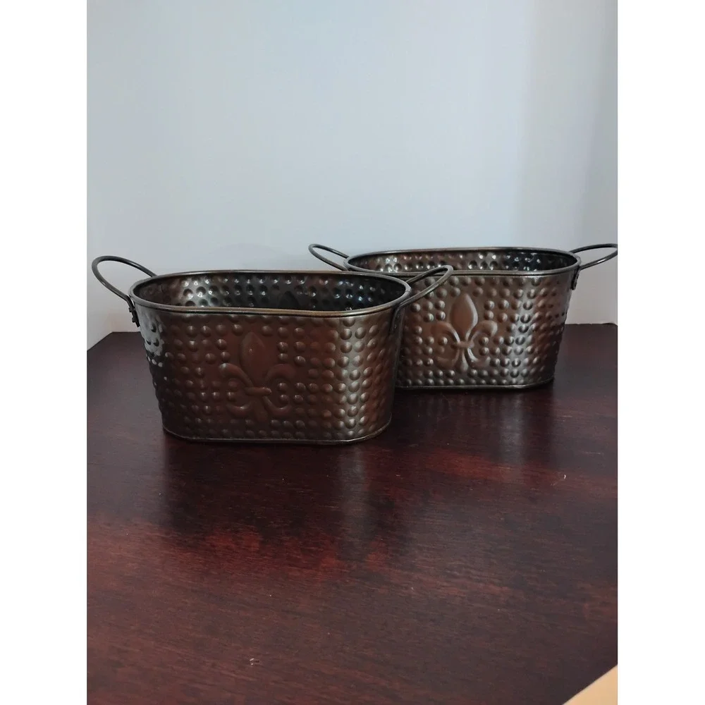Set of 2 Hammered Metal Fleur de Lis Oval Planters Bronze Antique Copper Finish